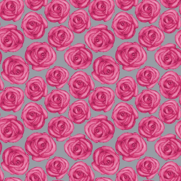 Patrón sin costura de acuarela con rosas rosadas en gris —  Fotos de Stock