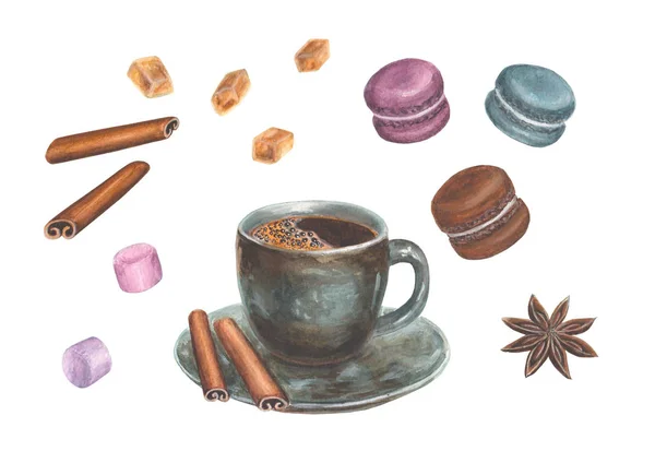 Ilustração aquarela com conjunto de café —  Vetores de Stock