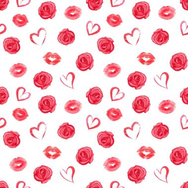 Gül, kalp, kırmızı ruj izleri ile Seamless Modeli