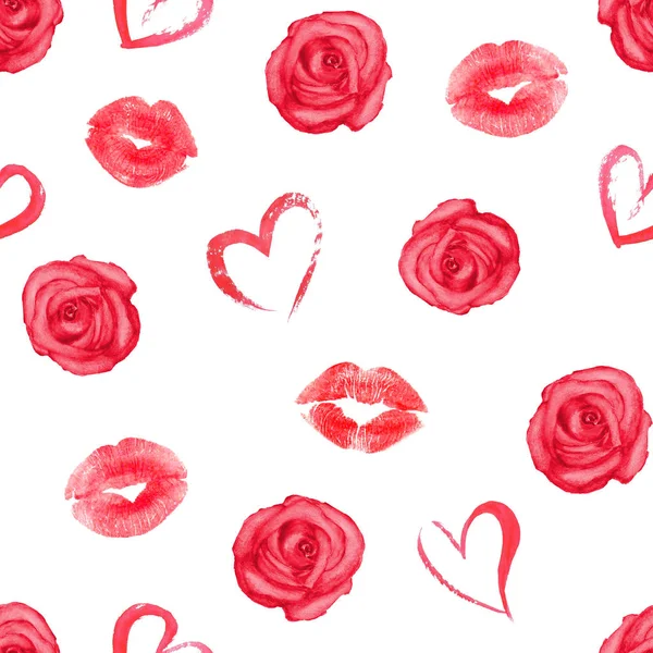 Modello senza cuciture con cuori, rose e tracce di rossetto — Foto Stock