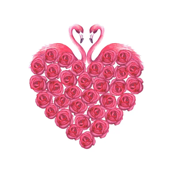 Casal de flamingos e coração de rosas — Fotografia de Stock