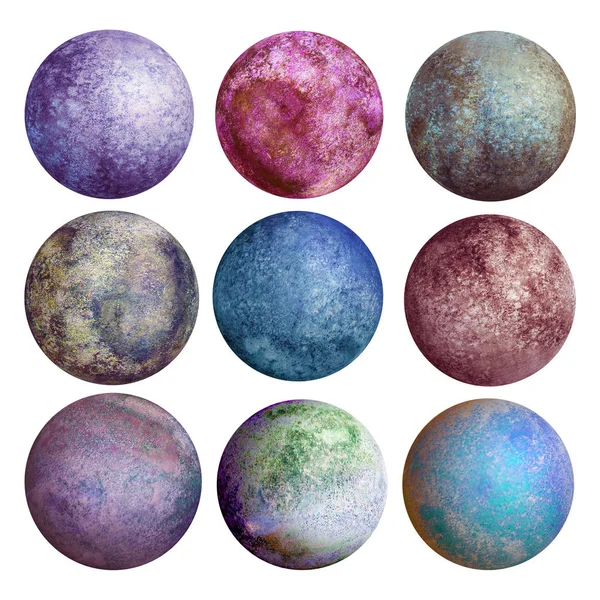 五颜六色的水彩行星集分离 — 图库照片