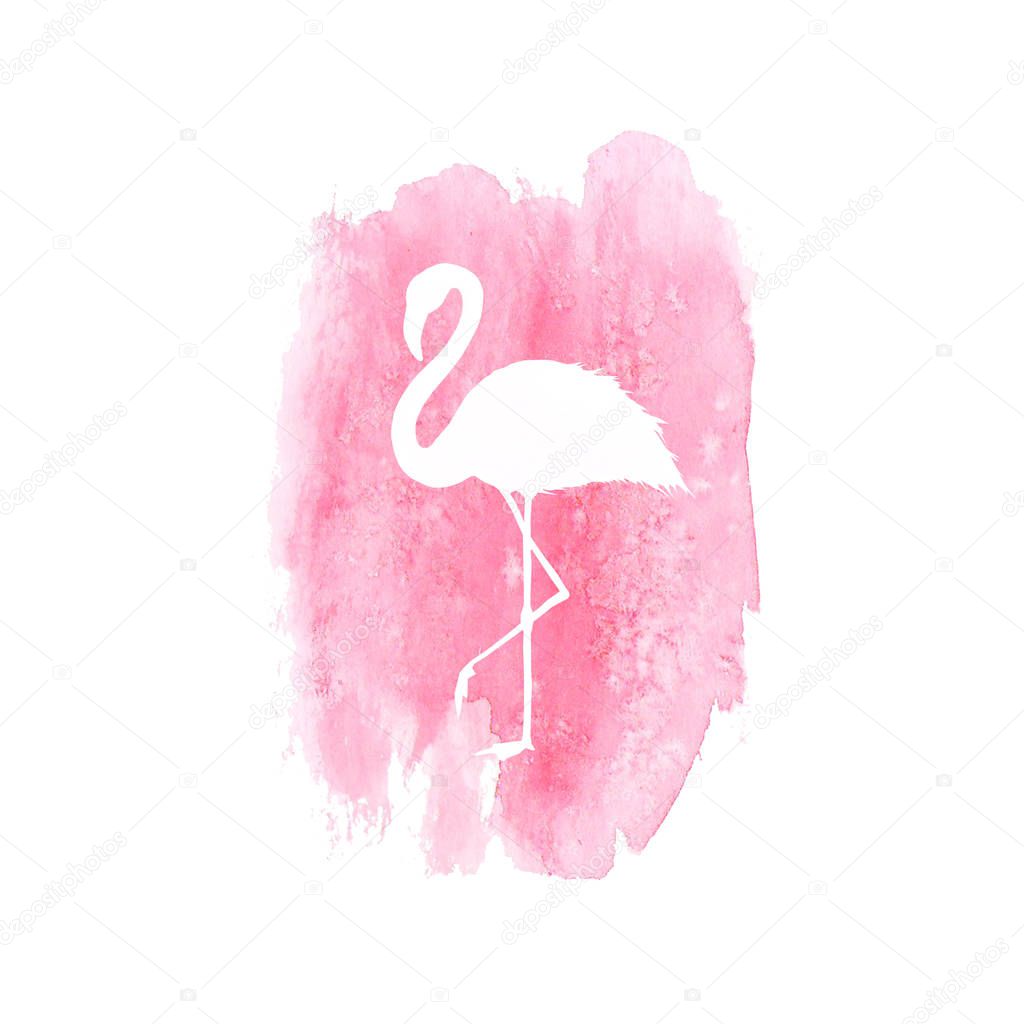 Silhouette of pink flamingo on pink watercolor spot