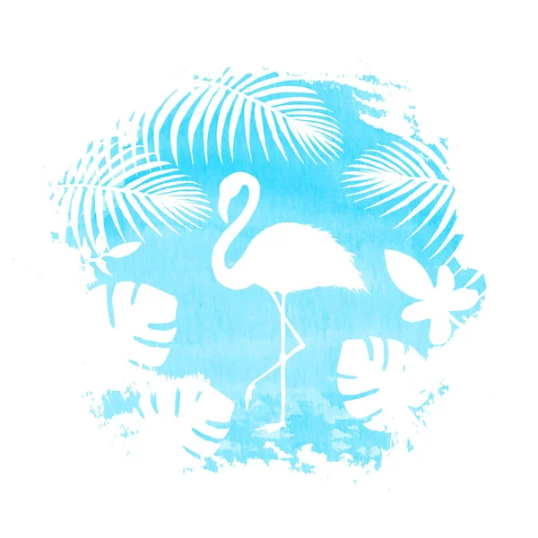 Silhueta de flamingo em mancha aquarela azul — Fotografia de Stock