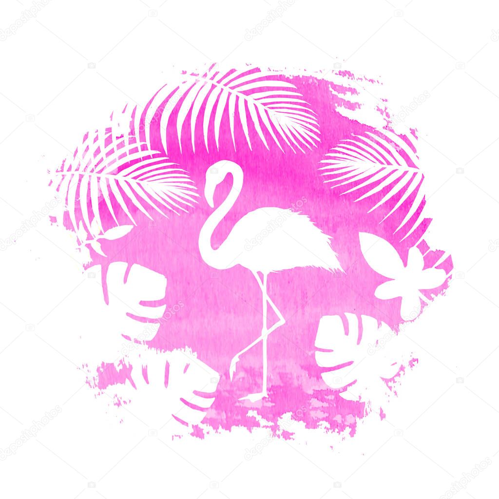 Silhouette of flamingo on pink watercolor spot