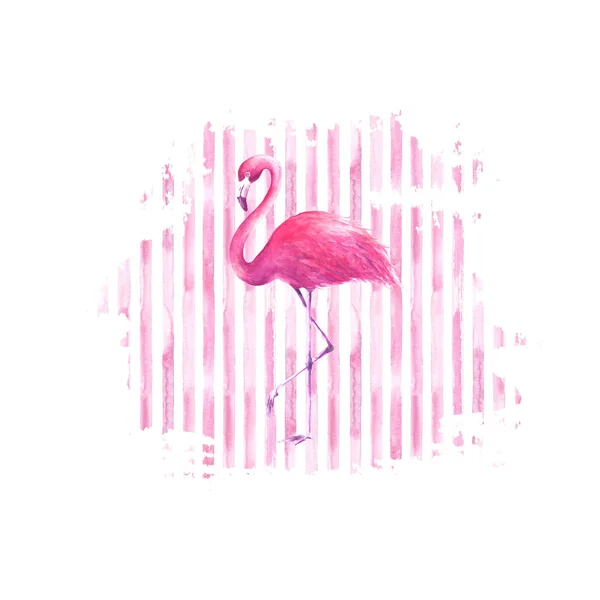 Flamingo sobre fondo rayado rosa acuarela — Vector de stock