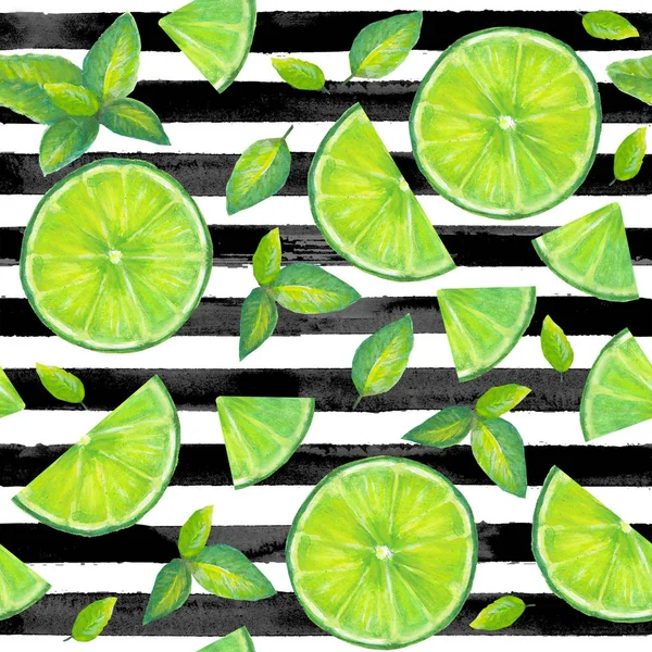 Dilim limon, nane yaprakları kesintisiz çizgili desen — Stok fotoğraf