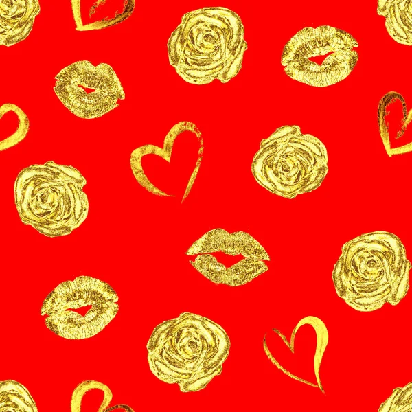 Pattern with gold lips kisses, roses and hearts