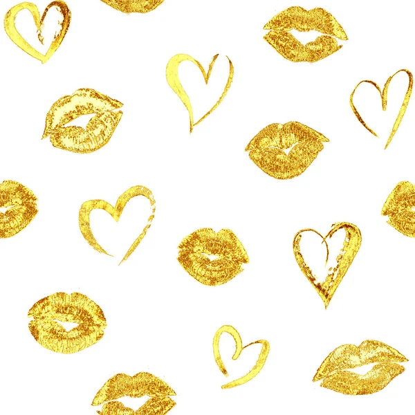 Naadloze patroon met gouden lippen kussen en harten — Stockfoto