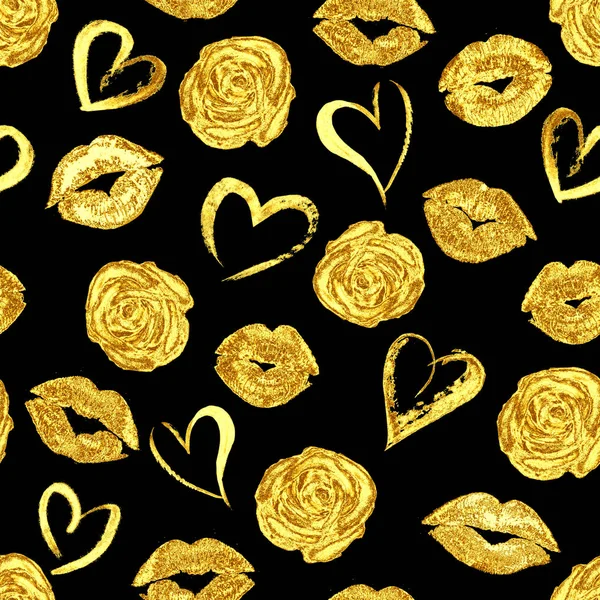 Wzór złoto usta pocałunkami, róże i serca — Zdjęcie stockowe
