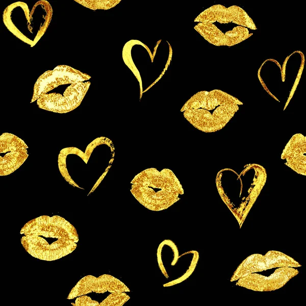 Seamless pattern with gold lips kisses and hearts