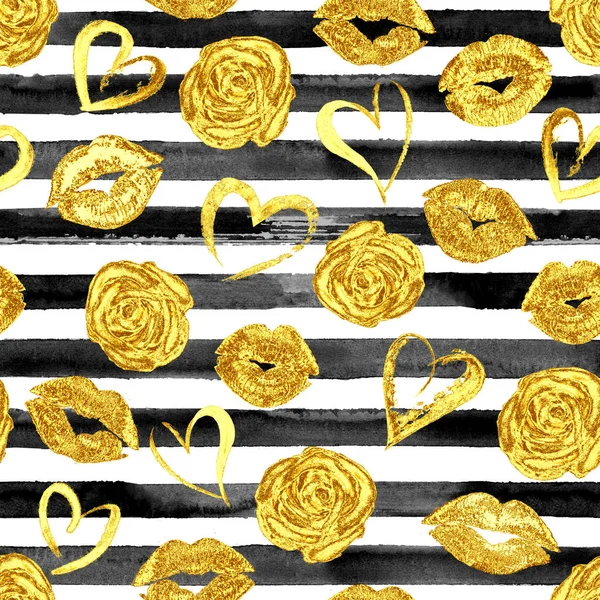 Nahtloses Muster mit goldenen Lippen, Rosen und Herzen — Stockfoto
