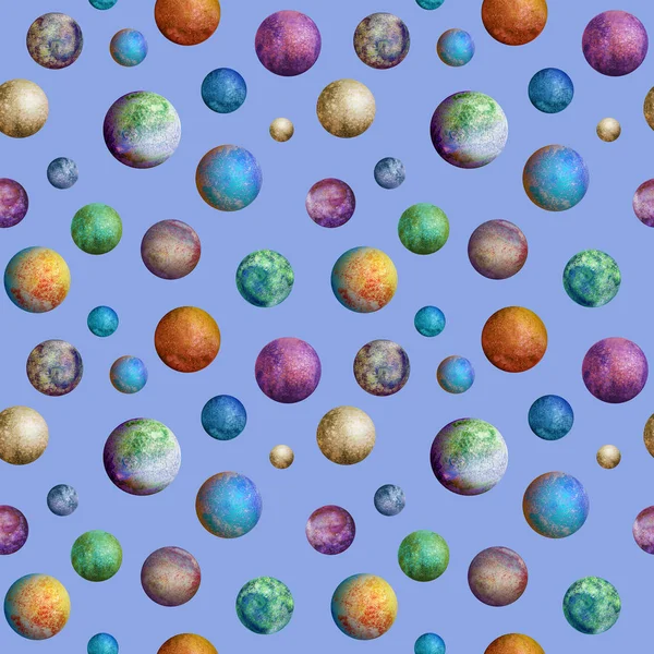 Colorful watercolor planets seamless pattern