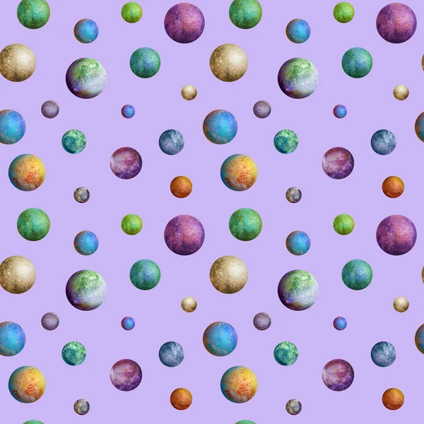 Colorful watercolor planets seamless pattern