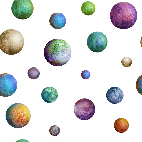 Colorful watercolor planets seamless pattern