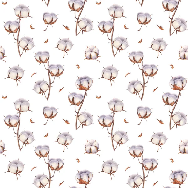 Cotton flower eco buds branches seamless pattern