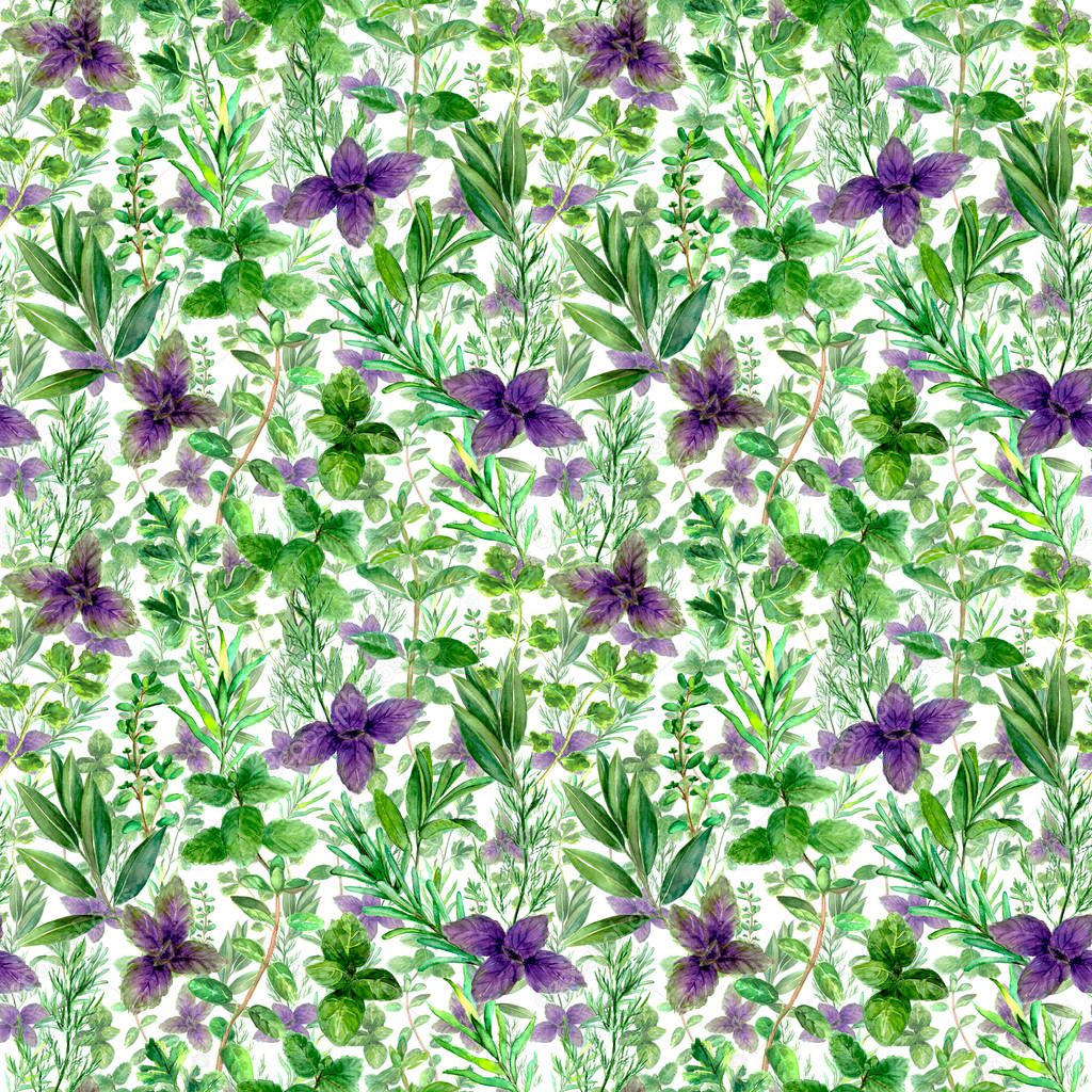Herbs spices watercolor green seamless pattern