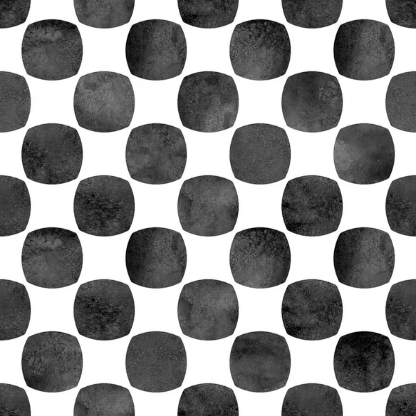 Seamless geometric pattern with grunge watercolor abstract circle black shapes on white background. — ストック写真