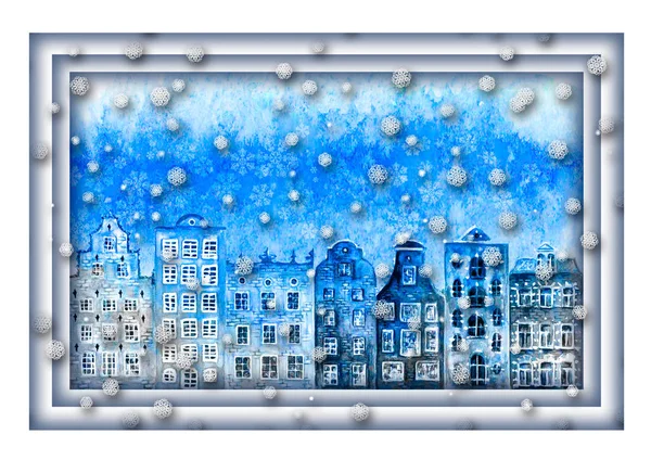 お正月とメリークリスマスのデザイン。古いヨーロッパの都市を描いた水彩手 — ストック写真