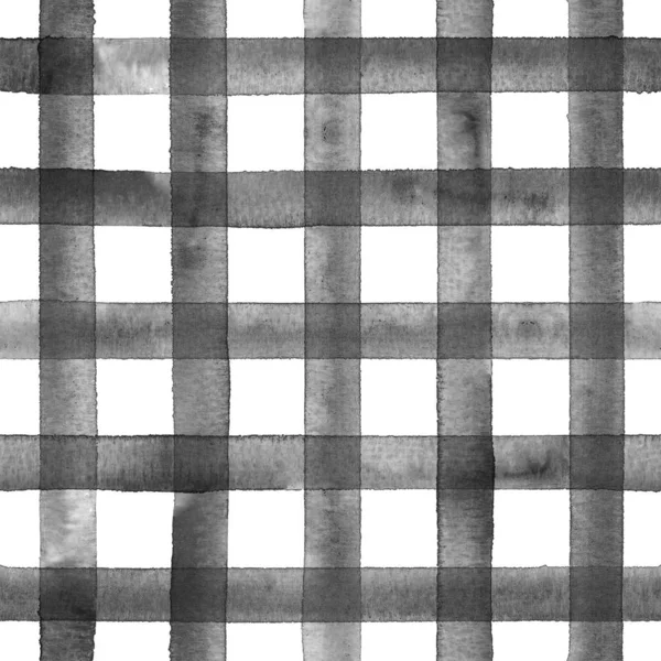 Raya de acuarela patrón sin costuras a cuadros. Rayas grises negras sobre fondo blanco —  Fotos de Stock