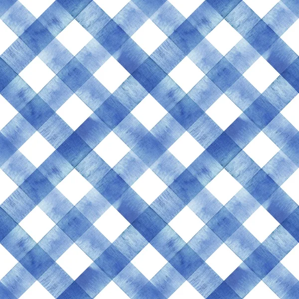 Aquarelle diagonale bande plaid motif sans couture. Rayures bleu indigo sur fond blanc — Photo