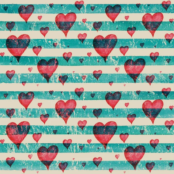 Vintage background with watercolor red hearts on teal turquoise stripes seamless pattern — Stockfoto