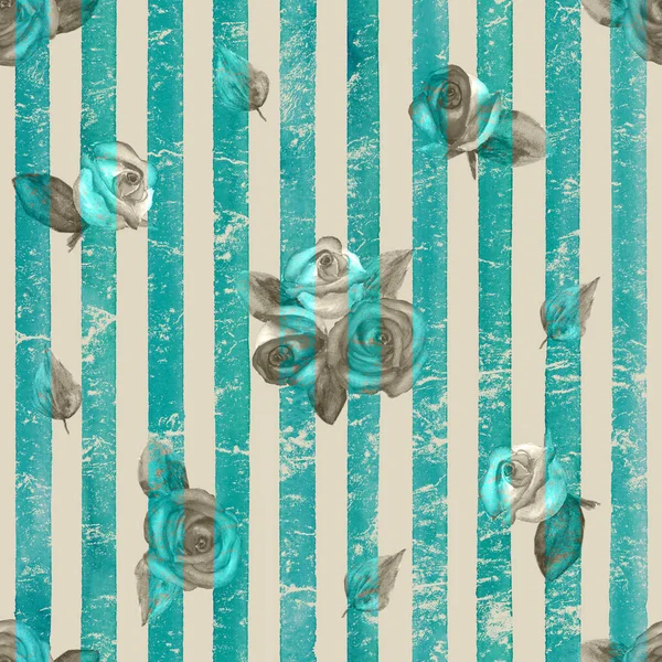 Vintage seamless watercolor teal turquoise background with roses on stripes pattern — Stok fotoğraf