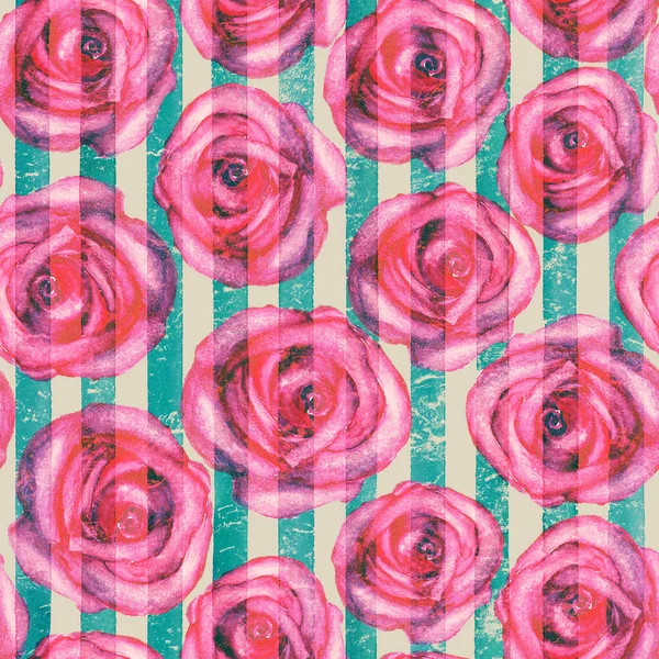 Vintage background with watercolor pink roses on teal turquoise stripes seamless pattern — Stock Photo, Image