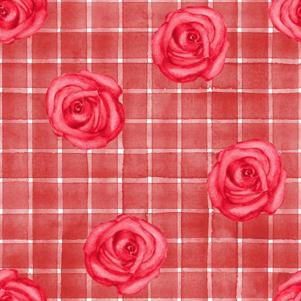 Background with watercolor pink red roses on red stripes plaid seamless pattern — 图库照片