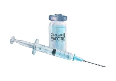 Suluboya, cam ampullü plastik şırınga ile beyaz arka planda izole edilmiş Coronavirus COVID-19 aşısı. El çizimi suluboya çizimi. Aşı kavramı. Yakın plan..