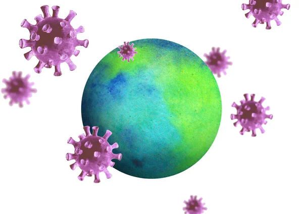 Coronavirus Attacca Terra Acquerello Disegnato Mano Sfondo Orizzontale Con Globo — Foto Stock