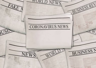 Coronavirus Covid-19 haberleri. Yatay yüzeyde manşetleri olan gazeteler. Eski gazete geçmişi. Eski haber sayfaları dokusu. Gri beyaz siyah kağıt kolajı. Üst görünüm.