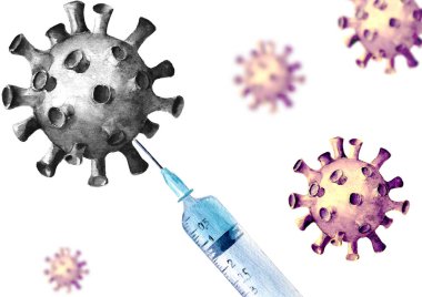 Beyaz arka planda izole edilmiş Coronavirus COVID-19 aşısıyla suluboya kesilmiş plastik şırınga. El çizimi suluboya çizimi. Aşı kavramı. Yakın plan..