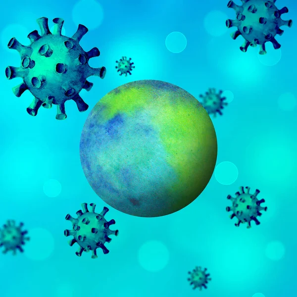 地球の周りのコロナウイルス 地球とコロナウイルスを背景に描かれた水彩手 ウイルスと戦う 治療法の探索とパンデミック世界保護の概念 — ストック写真