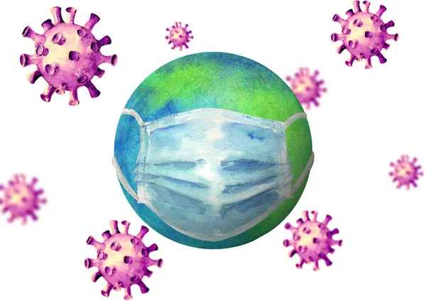 地球の周りのコロナウイルス 保護面マスクとコロナウイルスで地球を描いた水彩手で白い背景 ウイルスと戦う 治療法の探索とパンデミック世界保護の概念 — ストック写真