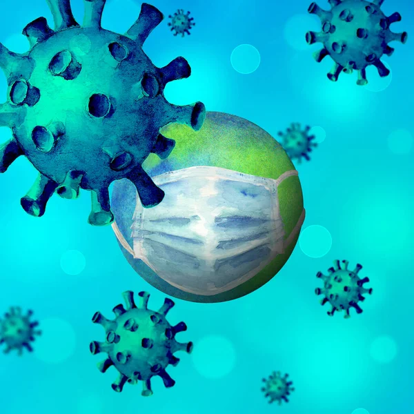 Coronavirus Intorno Alla Terra Sfondo Blu Con Acquerello Disegnato Mano — Foto Stock