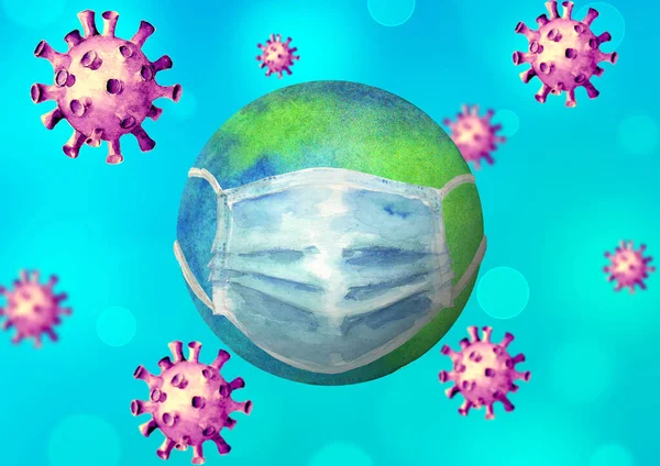 Coronavirus around Earth. Blue background with watercolor hand drawn globe with protective face mask and corona virus. Fight against viruses. Cure search and pandemic world protection concept.