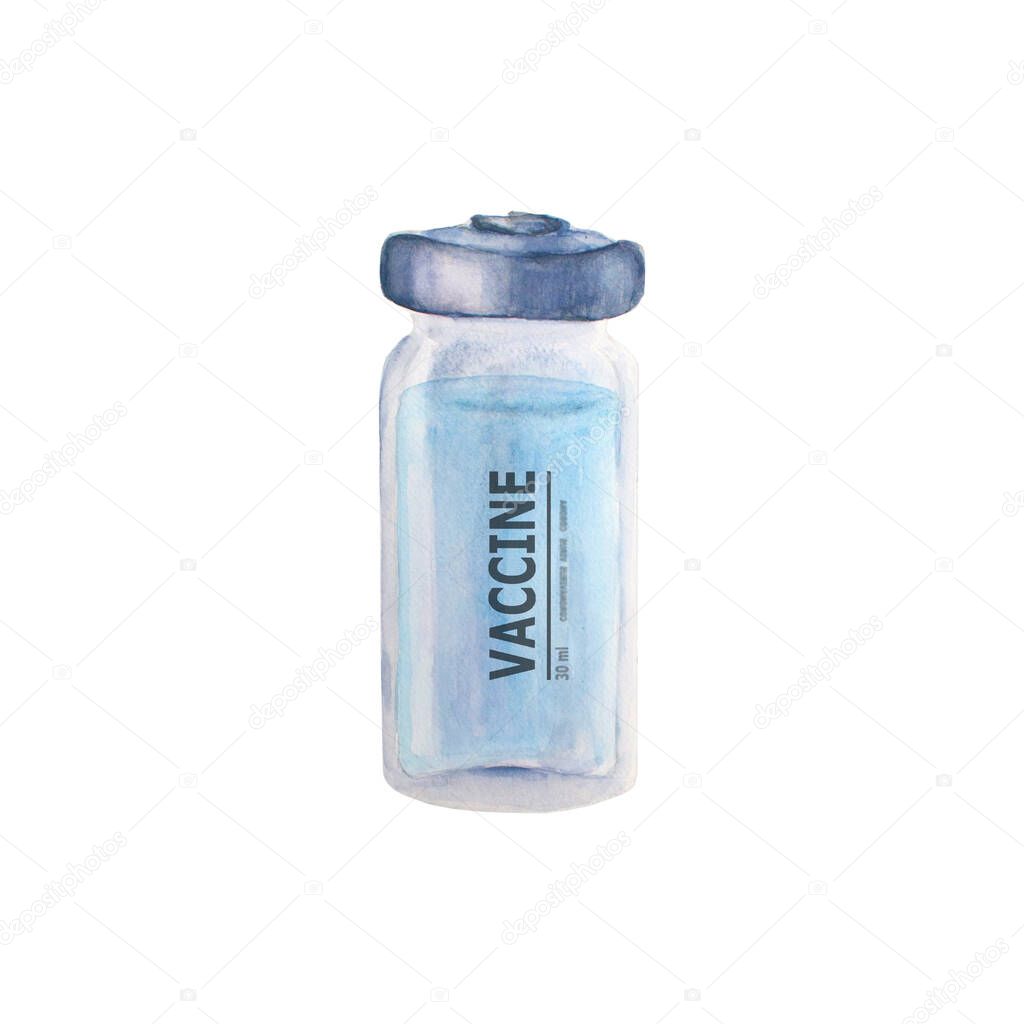 Medical vial for vaccination. Glass white transparent bottle with vaccine isolated on white background. Watercolor hand drawn illustration. Watercolour bottles ampoule with aluminum cap. Close up