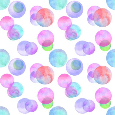 Çok renkli neon renkli suluboya desenli daireler çiziyor. Soyut suluboya arka plan, beyaz renkli daireler. Elle çizilmiş yuvarlak bir doku. Tekstil, duvar kağıdı, ambalaj kağıdı için yazdır.