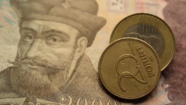 Close Hungarian Banknotes Coins — Stock Video