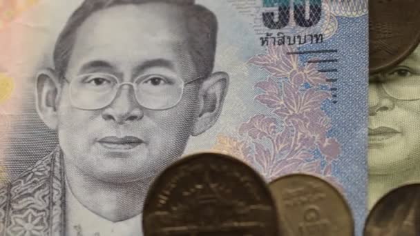 Gros Plan Sur Les Billets Pièces Thaïlandais — Video