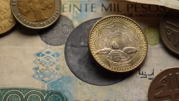 Nahaufnahme Kolumbianischer Münzen Auf Banknoten — Stockvideo