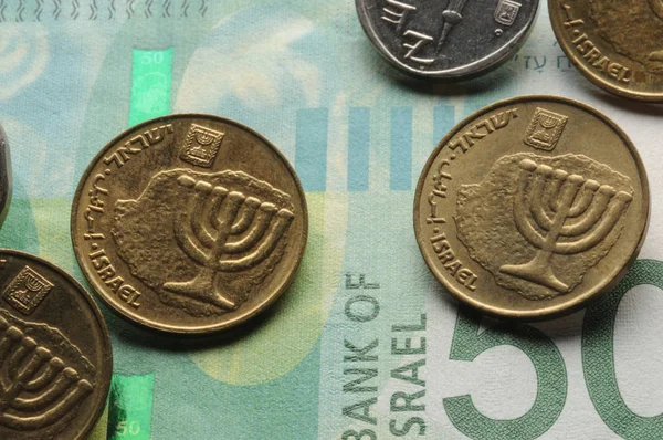 Primer Plano Las Monedas Israelíes Billetes — Foto de Stock