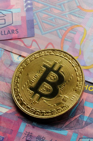 Hong Kong Banknotes Bitcoin Symbol — Stock Photo, Image