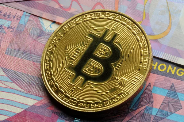 Hong Kong Banknotes Bitcoin Symbol — Stock Photo, Image