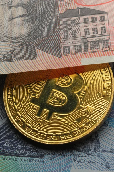 Symbole Bitcoin Sur Les Billets Australiens — Photo