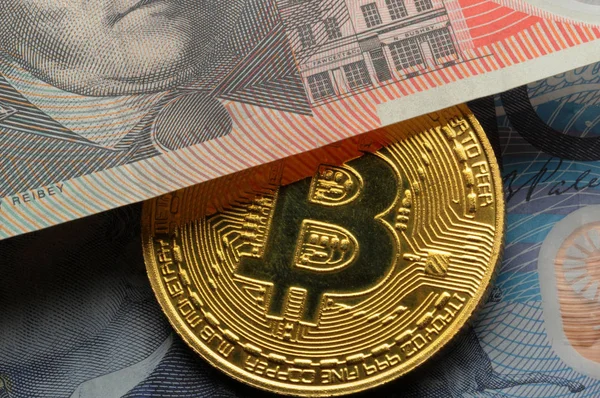 Symbole Bitcoin Sur Les Billets Australiens — Photo