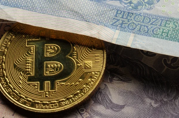 Bitcoin Symbole Sur Monnaie Polonaise — Photo