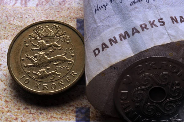 Primer Plano Las Monedas Billetes Daneses — Foto de Stock
