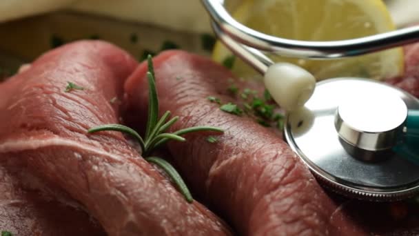 Raw Steaks Herbs Spices — Stock Video